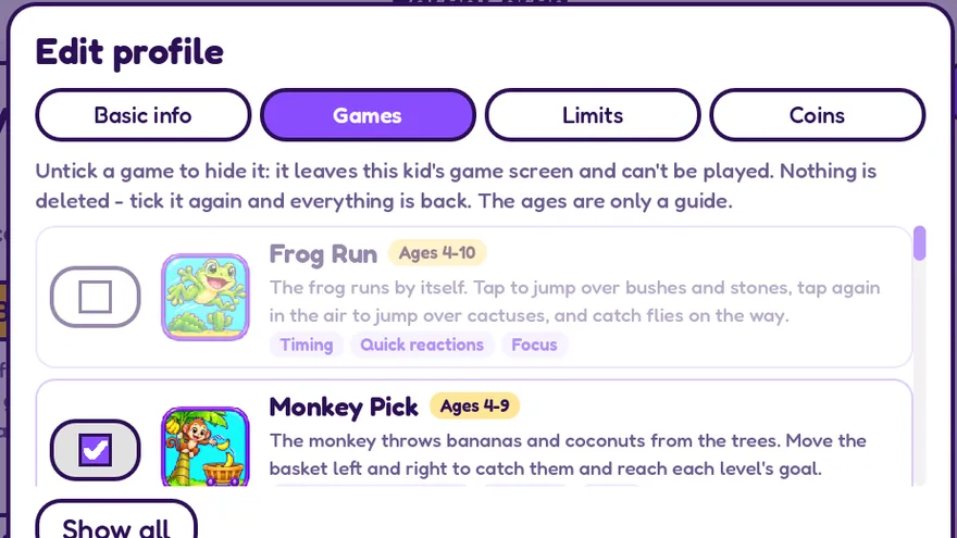 La liste des jeux d'un profil d'enfant, avec une case à cocher par jeu