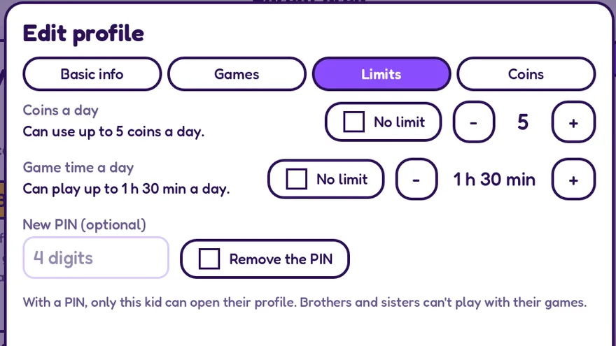 Les limites d'un profil d'enfant : pièces par jour, temps de jeu par jour et code PIN