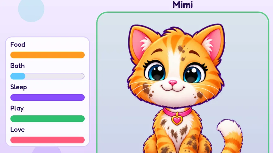 Un chaton content avec des barres pour manger, le bain, dormir, jouer et les câlins